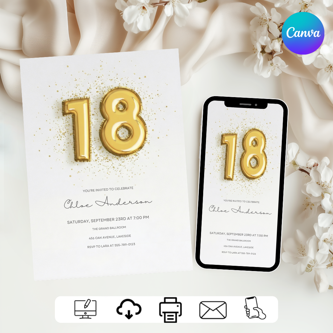 18th Birthday Invitation Template | Gold Balloon Invite for Her | Editable Elegant Party Evite | Modern Glam Birthday | Instant Digital Download
