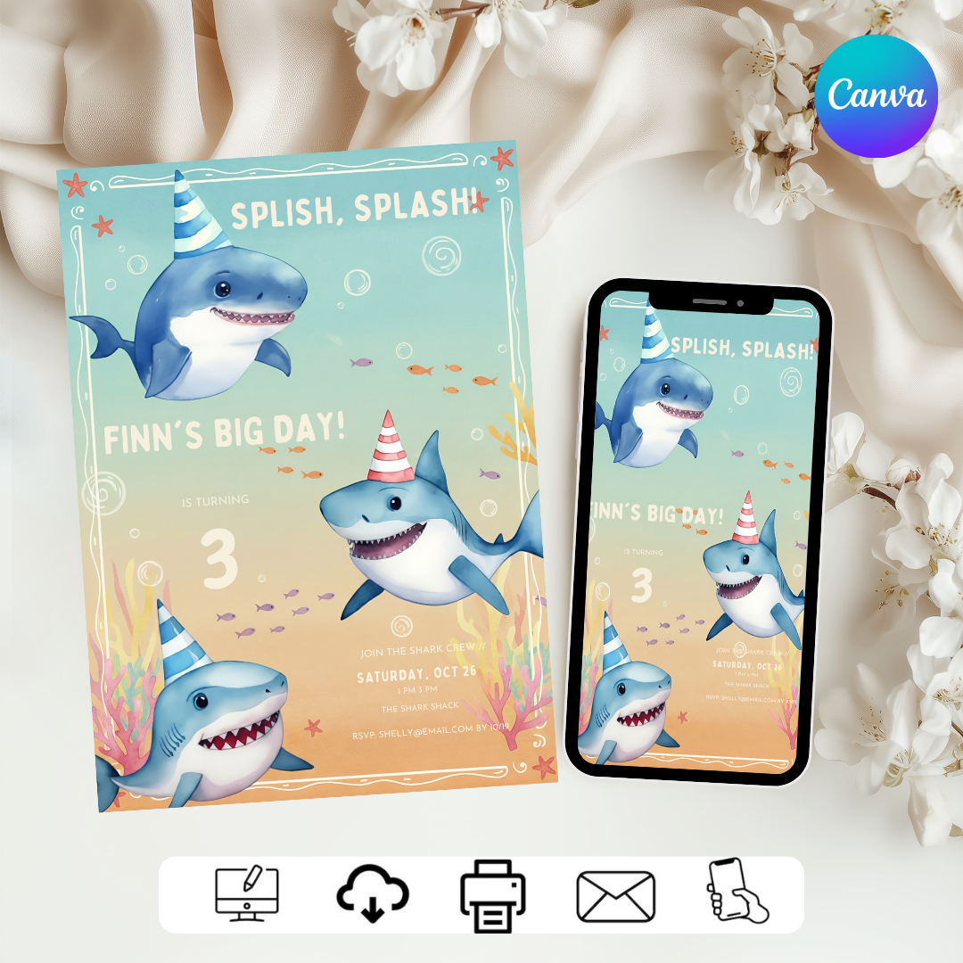 Shark Birthday Invitation Boy | Editable 3rd Birthday Party Invite Template | Under the Sea Theme | Printable Digital Instant Download