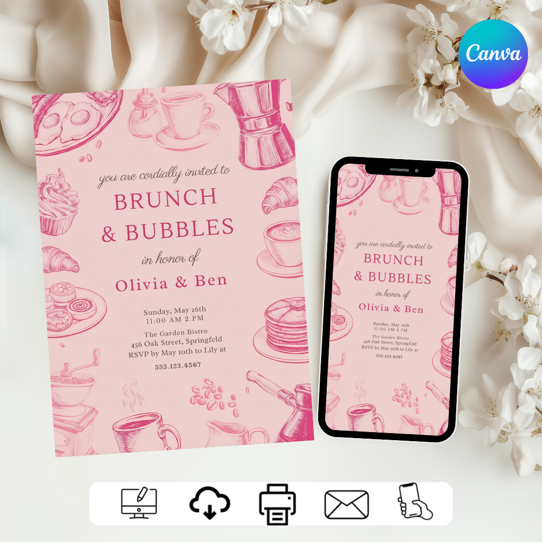 Brunch and Bubbles Invitation Template | Editable Couples Shower Invite | Printable Bridal Shower | Pink Engagement Party | Instant Download