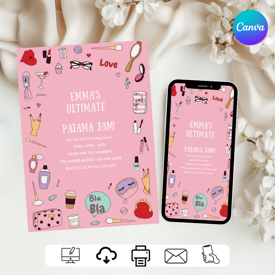 Girl's Pajama Jam Birthday Invite | Editable Sleepover Party Template | Pink Makeup Slumber Party | Instant Download | Printable Digital Evite