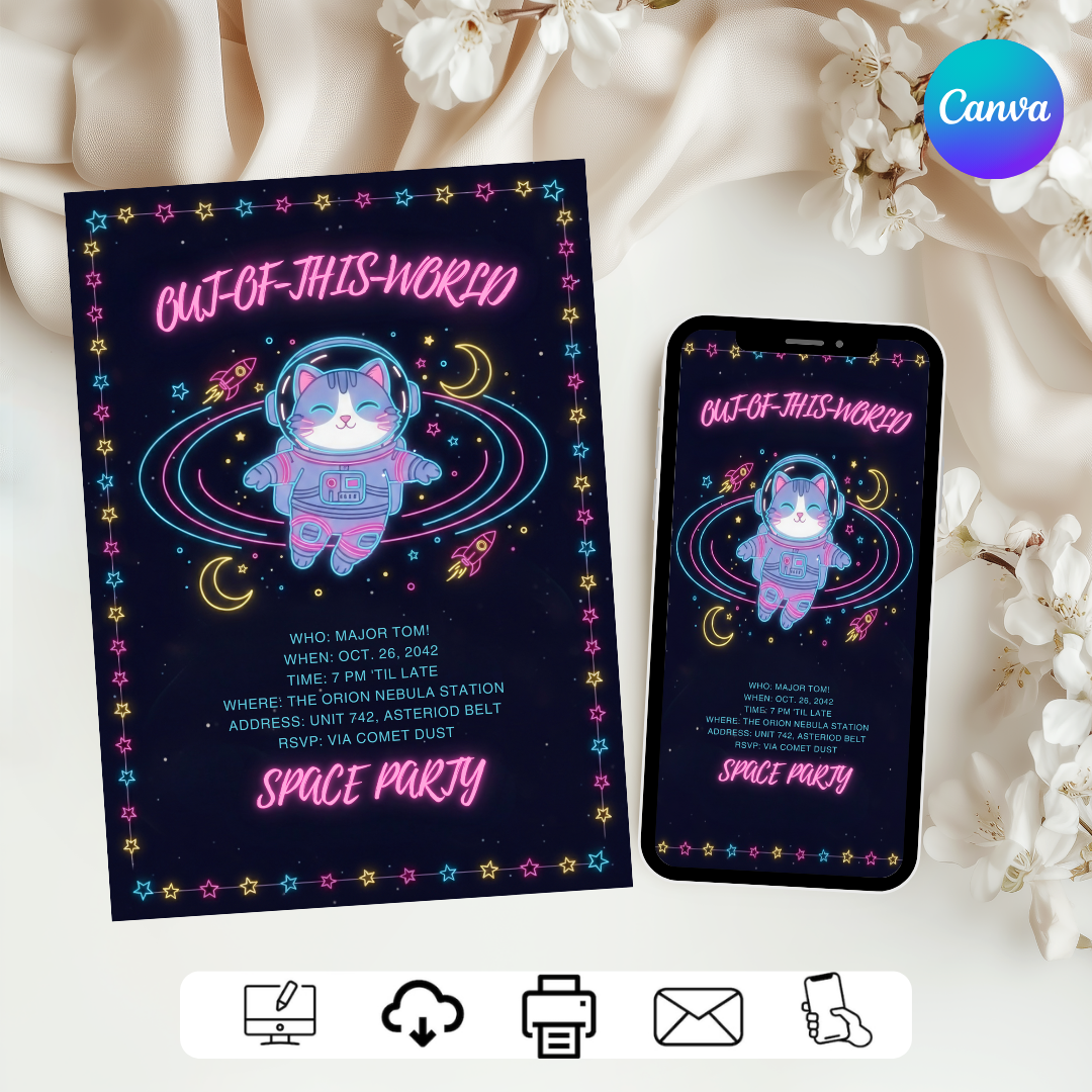 Astronaut Cat Birthday Invitation | Editable Space Party Template | Neon Galaxy Invite for boys and girls | Digital Printable | Instant Download