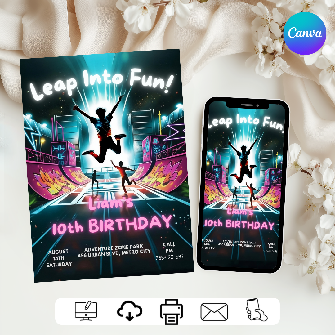 Boy's Birthday Invitation | Trampoline Park Party Invite | Editable Neon Glow Template | Leap Into Fun | Printable Digital | Instant Download