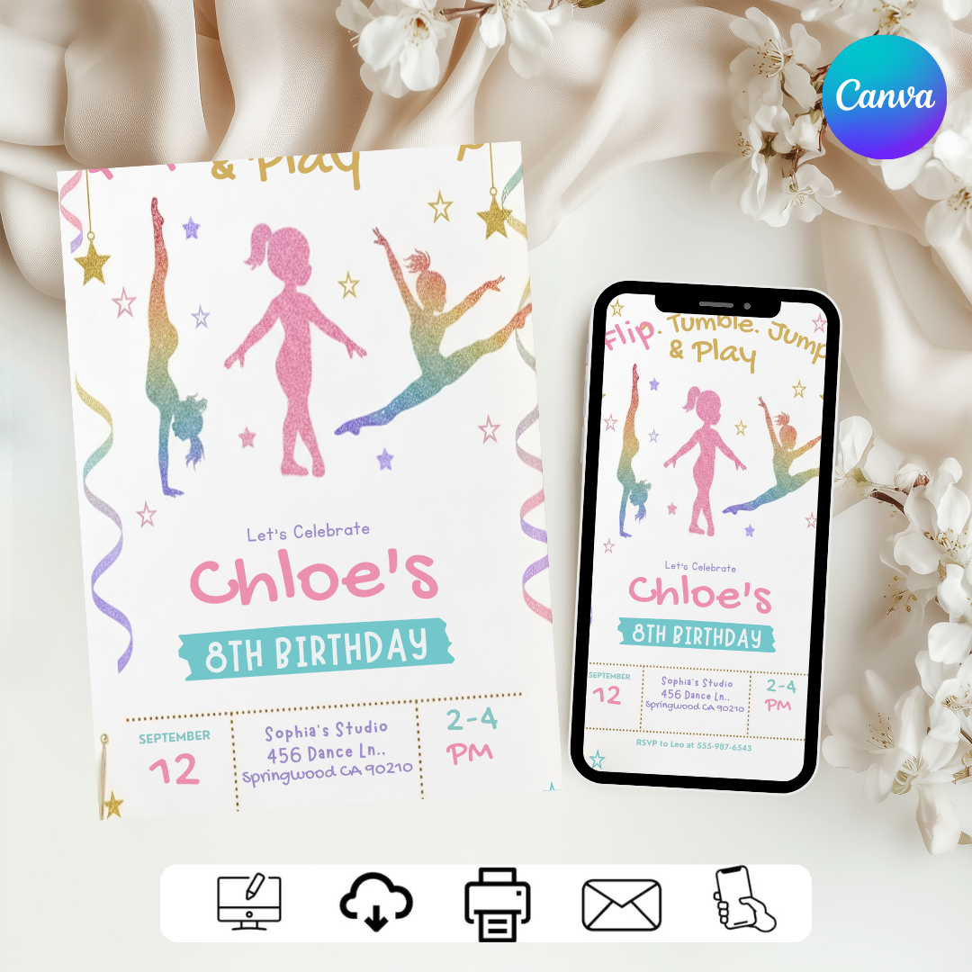 Gymnastics Birthday Invitation Girl | Editable Tumbling Party Invite | Flip Jump Play Template | Printable & Digital Evite | Instant Download