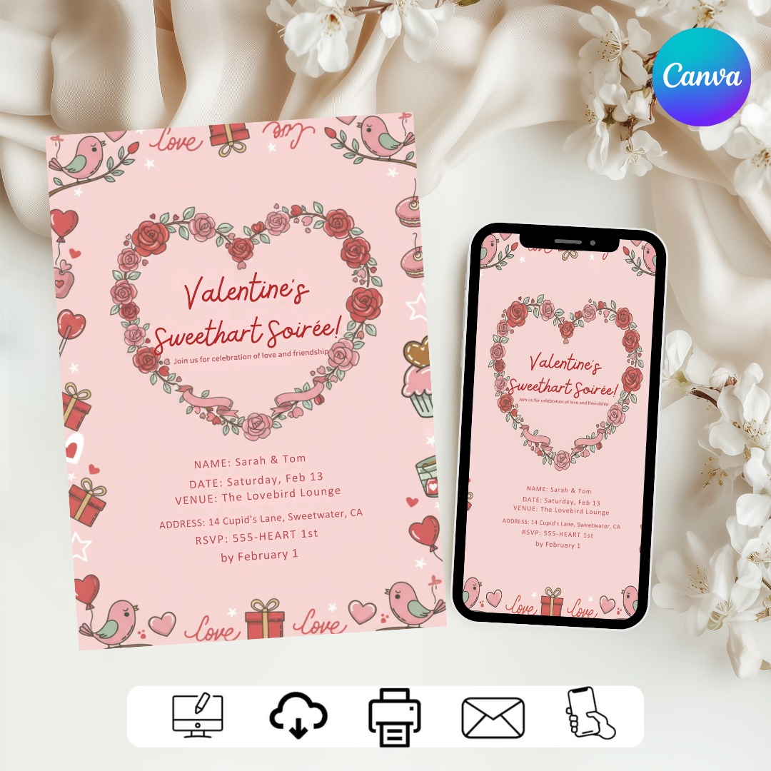 Valentine's Day Invitation Template | Editable Sweetheart Soirée Invite | Couples Party or Galentine's Invite | Printable | Instant Download