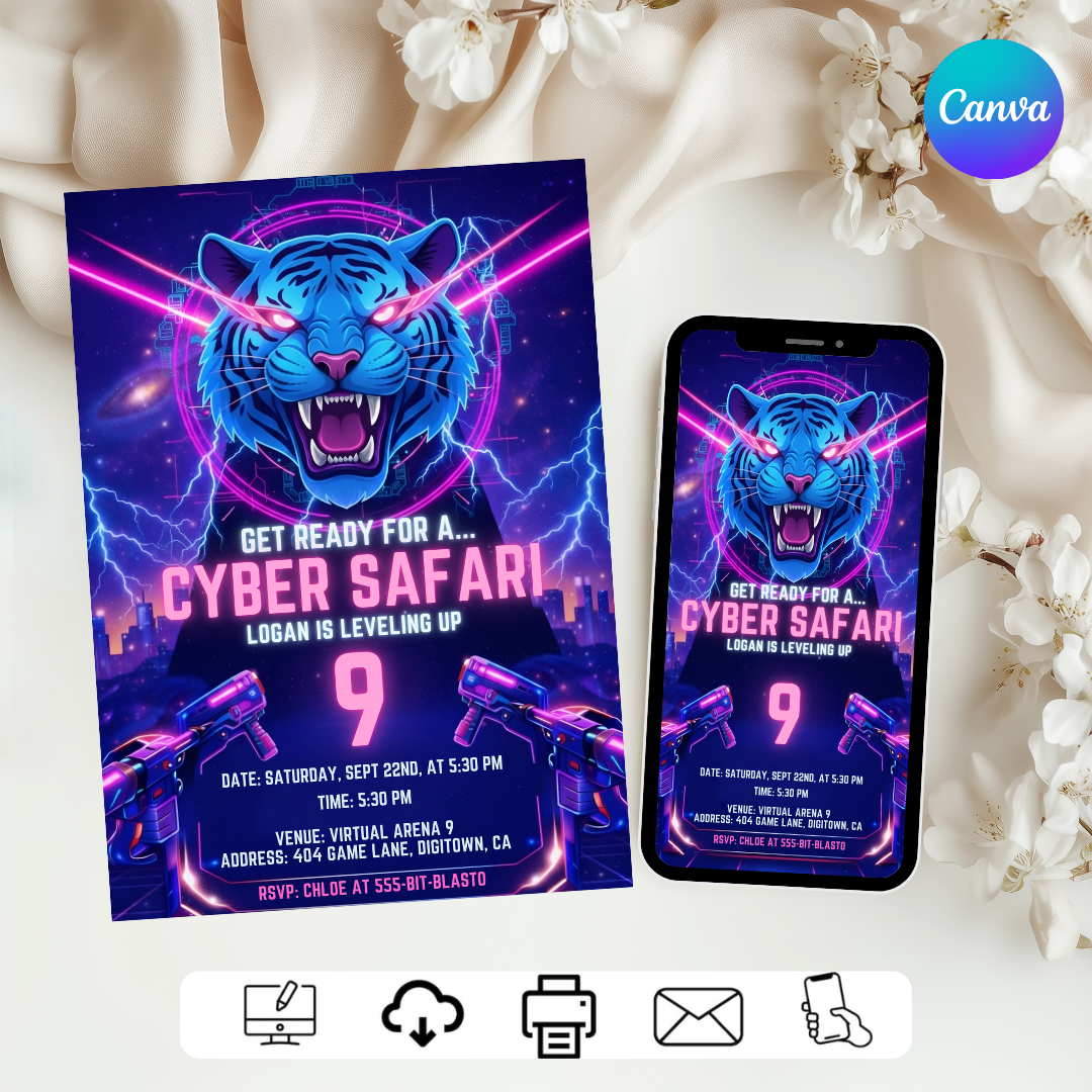 Boy's Birthday Invitation | Editable Cyber Safari Gamer Party Invite | Neon Tiger Video Game Template | Futuristic Level Up Invite | Printable