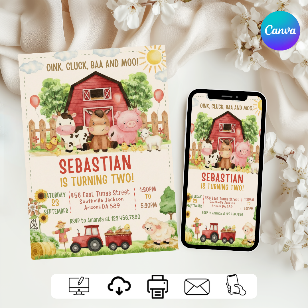 Farm Animal Birthday Invitation Template | Editable Barnyard Bash Invite for Boys and Girls | Printable Kids Party Card | Digital Download