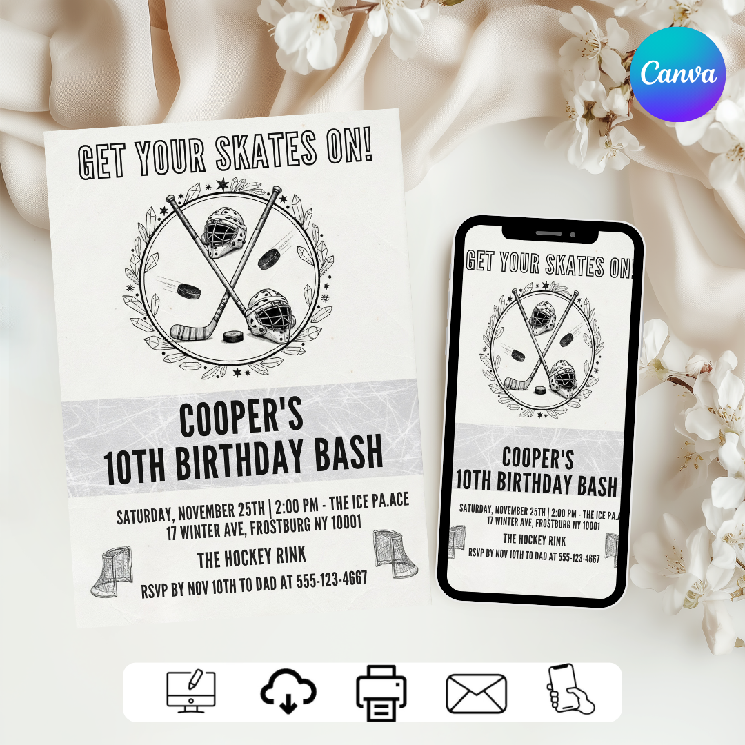 Hockey Birthday Invitation Boy | Editable Ice Skating Party Invite Template | Printable 10th Birthday Bash | Digital Evite | Instant Download