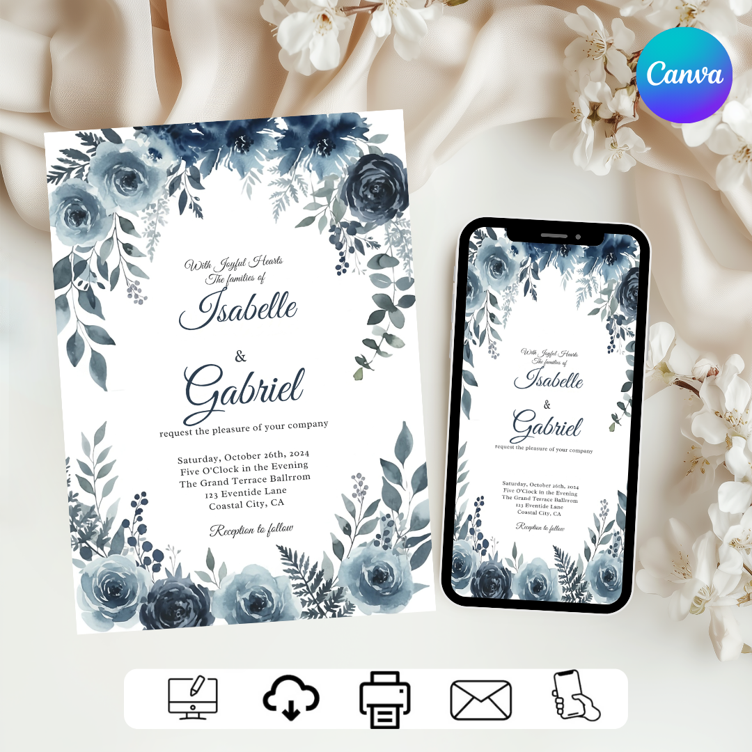 Dusty Blue Wedding Invitation Template | Editable Navy Floral Invite | Watercolor Flowers | Elegant Printable Wedding Suite | Instant Download