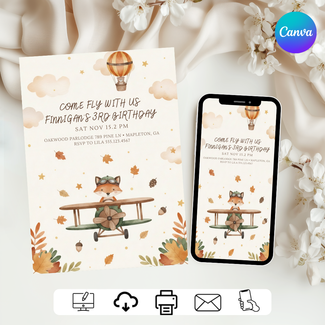 Boy's 3rd Birthday Invitation | Editable Fox Airplane Party Invite | Come Fly With Us Template | Autumn Woodland Theme | Digital & Printable