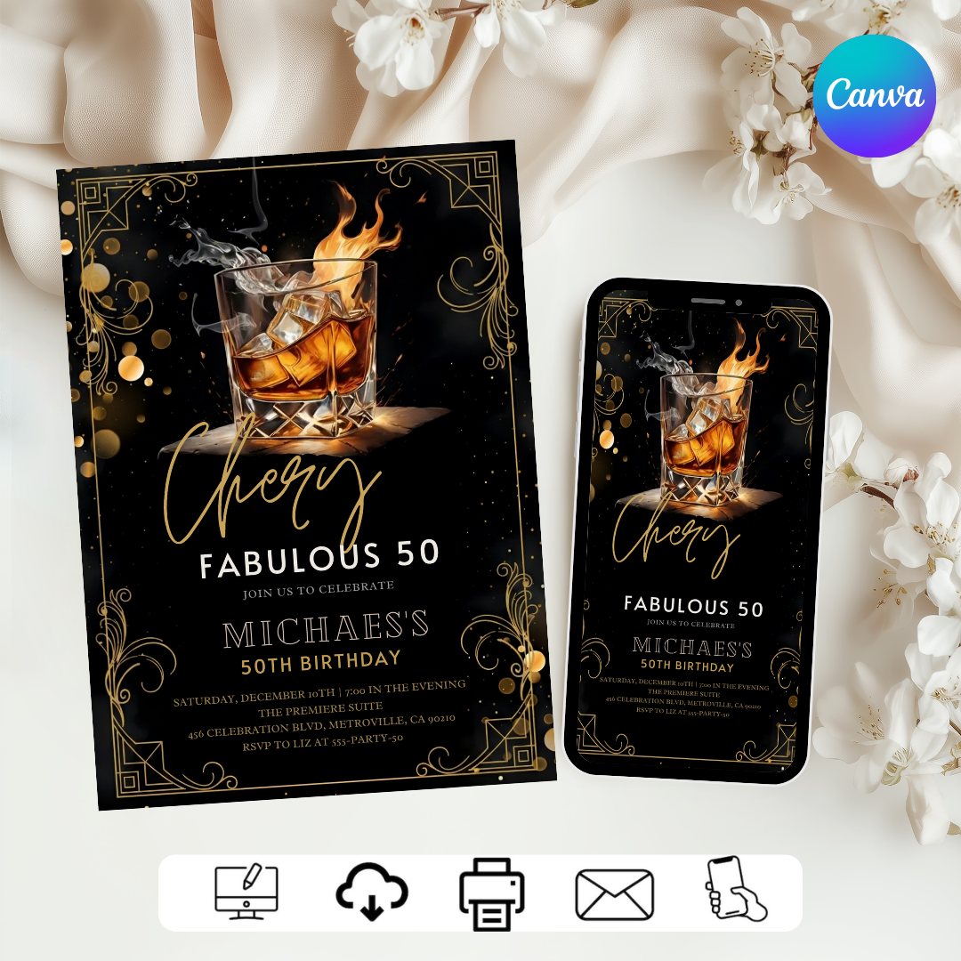 Men's 50th Birthday Invitation Template | Editable Party Invite | Black and Gold Art Deco Theme | Cheers to 50 Years | Digital Download