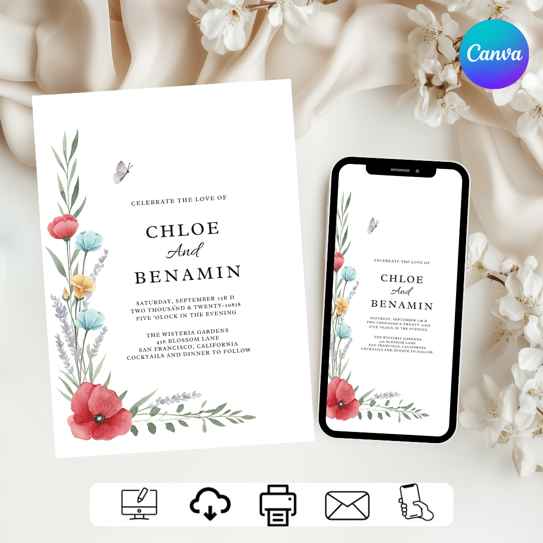 Editable Wedding Invitation Template | Watercolor Floral Invite | Garden Party Wedding | Printable Poppy & Lavender | Instant Download | Chloe