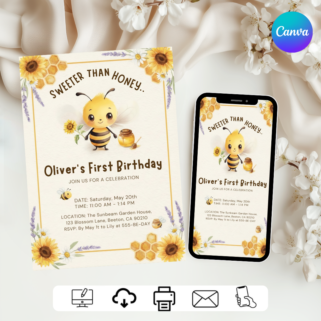 Bee First Birthday Invitation Boy | Sweeter Than Honey 1st Birthday Invite | Editable Sunflower Template | Printable Digital Instant Download