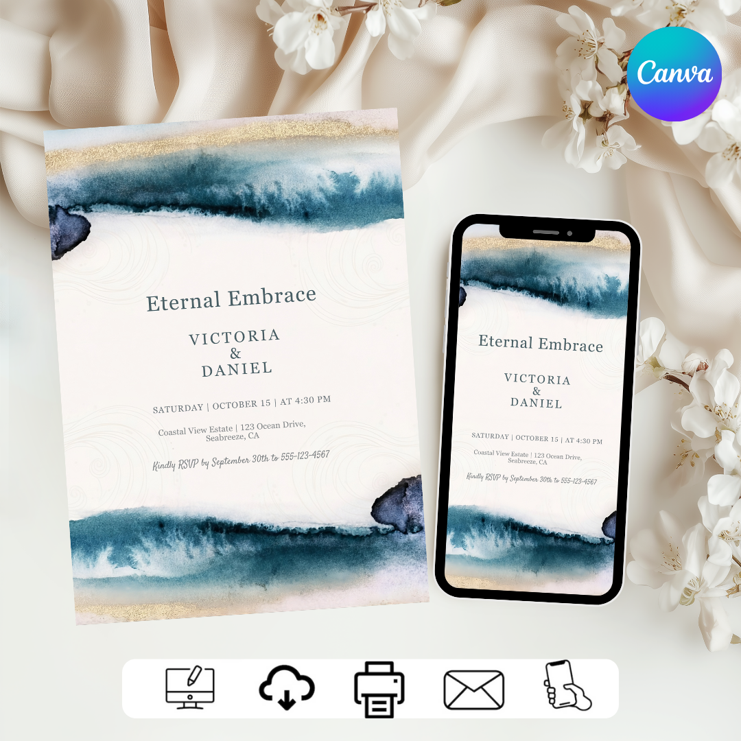 Ocean Wedding Invitation Template | Editable Blue Gold Watercolor Invite | Modern Coastal Beach Wedding | Printable Canva Evite | Instant Download