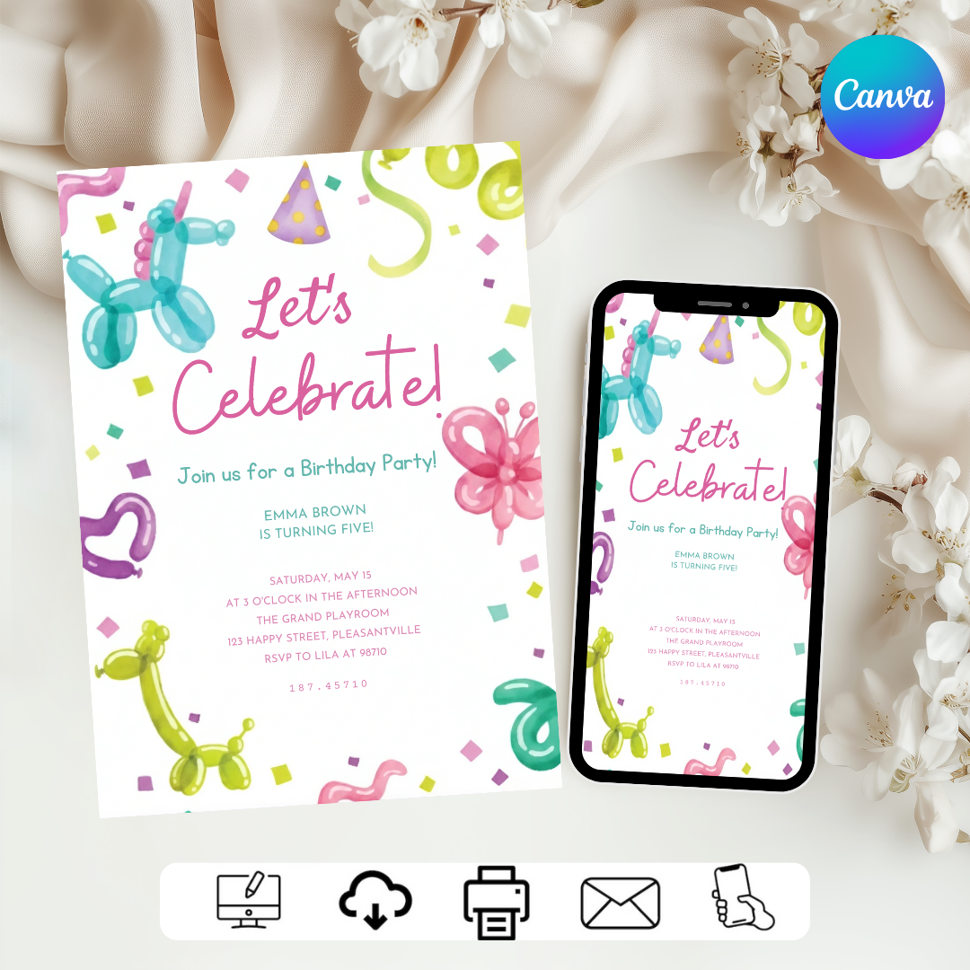 Balloon Animal Birthday Invitation | Editable Kids Party Invite for Boys and Girls | Whimsical Party Template | Printable 5x7 | Instant Download
