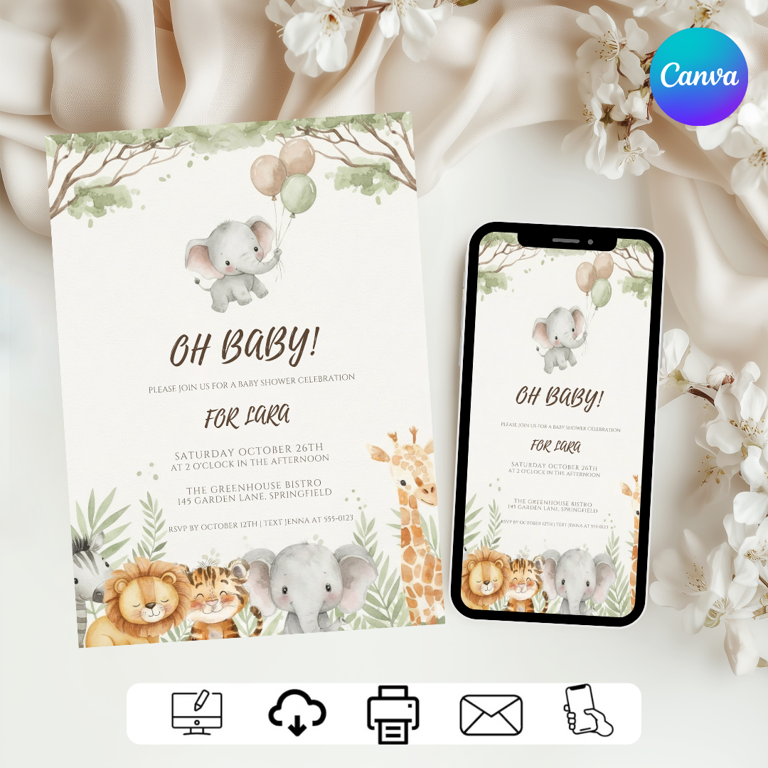 Jungle Baby Shower Invitation Template | Editable Safari Animals Invite | Watercolor Boy or Girl | Oh Baby Printable | Instant Download