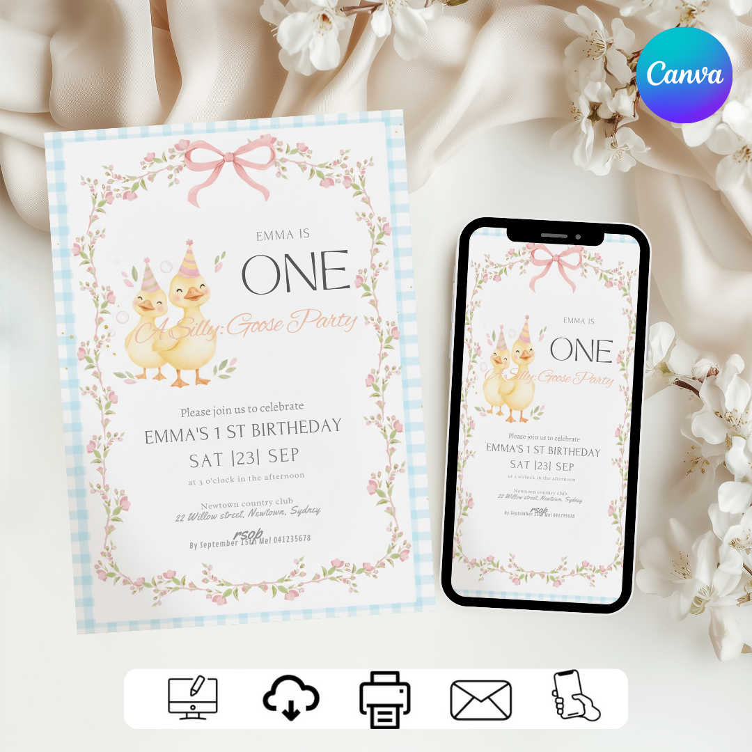 Silly Goose First Birthday Invitation Girl | Editable Duck Party Template | Whimsical 1st Birthday Invite | Pink Floral | Instant Download