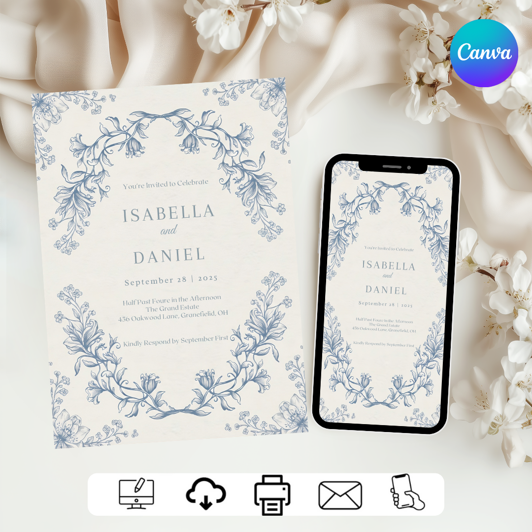 Vintage Floral Wedding Invitation Template | Dusty Blue Botanical Invite | Editable Classic Wedding Stationery | Printable & Digital | Canva