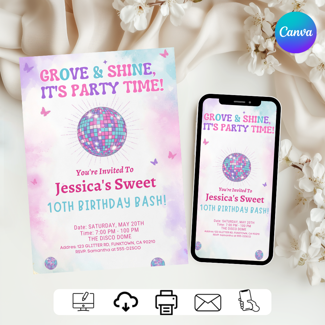 Groovy Disco Birthday Invitation Girl | Editable 10th Birthday Party Invite Template | 70s Theme Disco Ball & Butterfly Evite | Printable