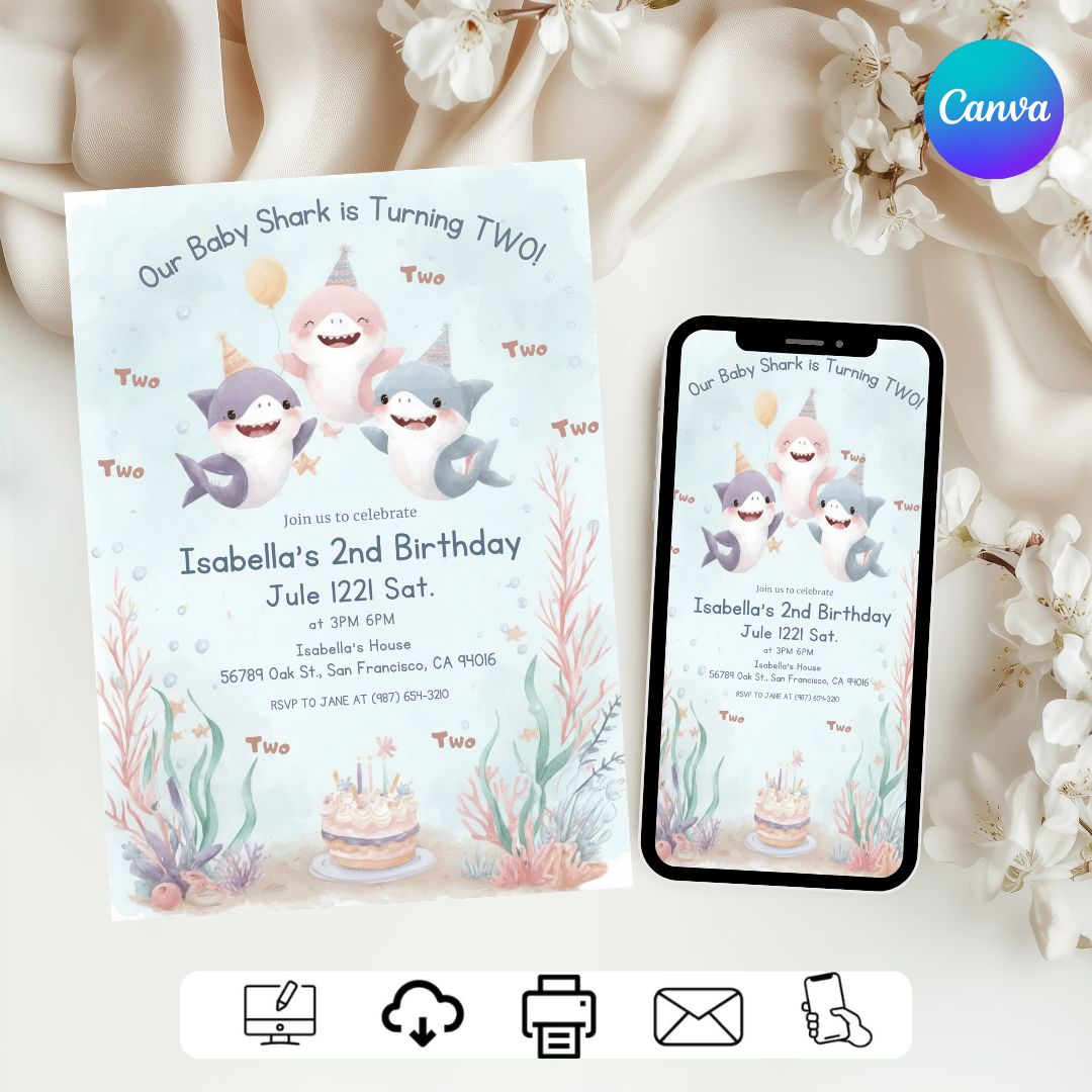 Baby Shark 2nd Birthday Invitation | Editable Under the Sea Party Invite for Girl | Watercolor Ocean Two Template | Printable & Digital Evite