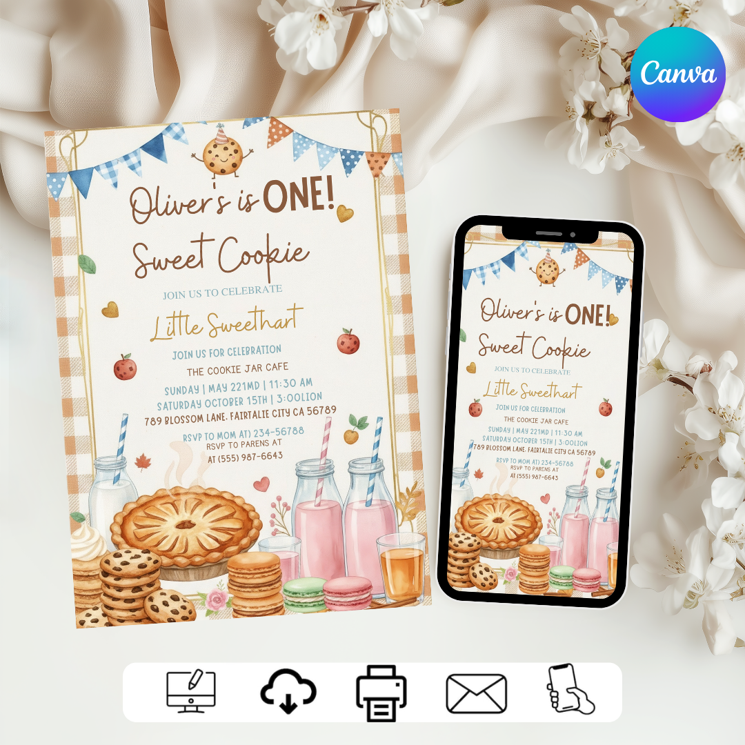 Sweet One Birthday Invite | Cookie Theme Party | Boy's 1st Birthday | Canva / Printable | Instant Download