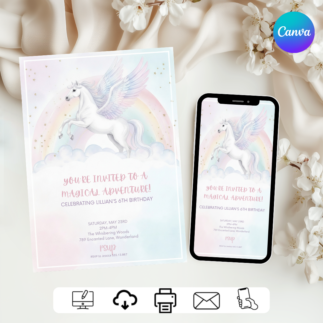 Pegasus Birthday Invitation Template | Magical Rainbow Party Invite for Girl | Editable Canva Evite | Printable 6th Birthday | Instant Download