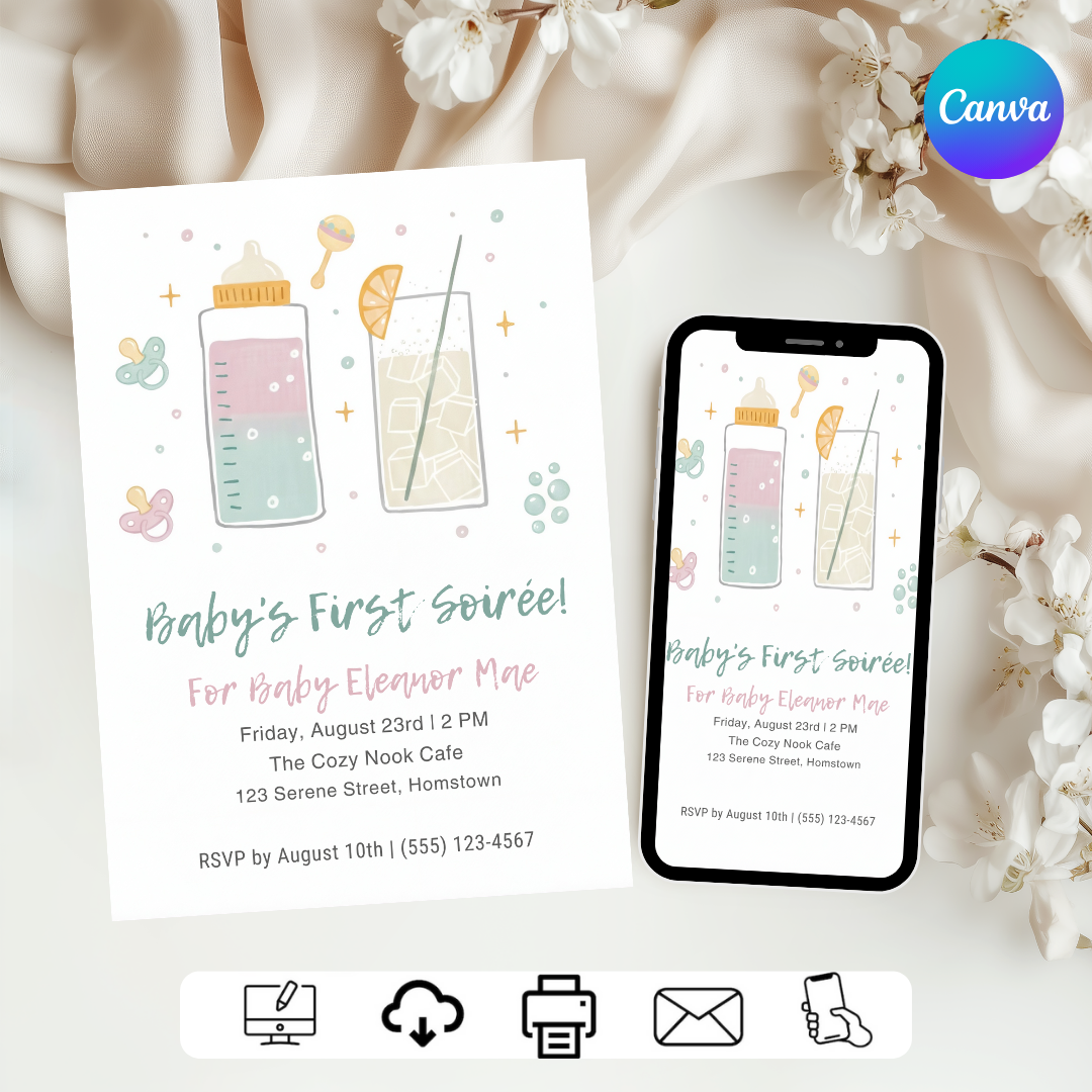 Baby's First Soirée Invitation Girl | Editable Bottles & Cocktails Template | Modern Sip and See Baby Shower Invite | Printable & Digital