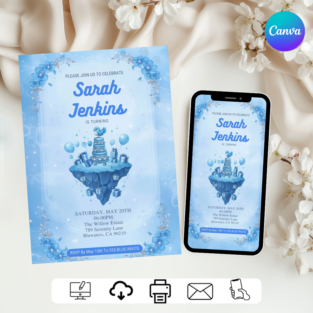 Blue Bird Birthday Invitation Template | Girl's Magical Sky Party Invite | Whimsical Blue Floral Editable Evite | Instant Download Printable