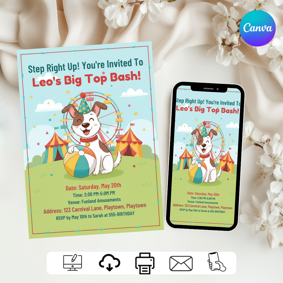 Circus Birthday Invitation Boy | Editable Dog Carnival Party Template | Big Top Bash First Birthday Invite | Printable Digital Evite Instant Download