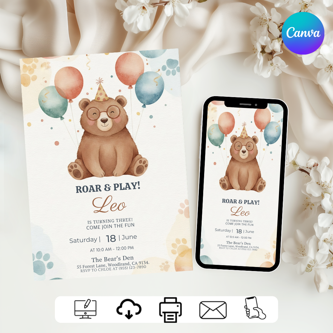 Bear 3rd Birthday Invitation Boy or Girl | Editable Woodland Animal Party Invite | Roar & Play Template | Printable Digital Instant Download