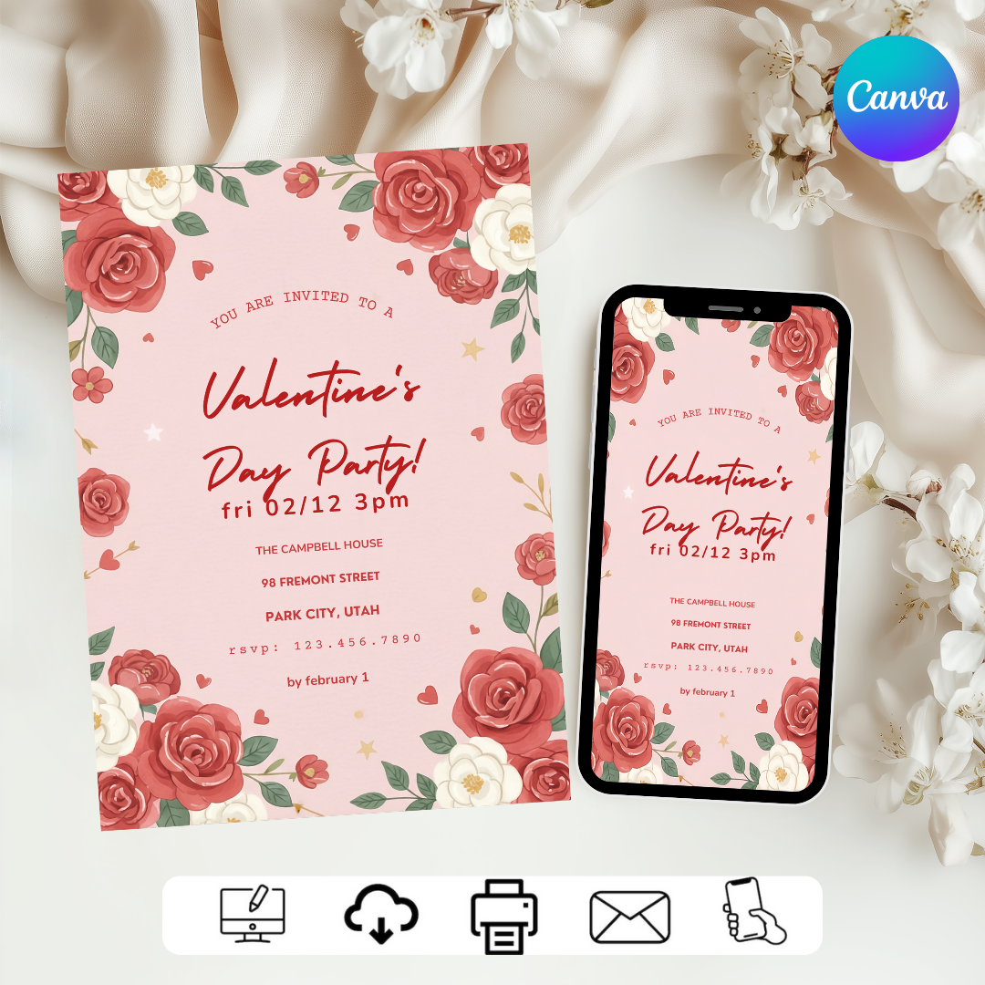 Editable Valentine's Day Party Invitation | Floral Galentine's Invite Template | Red Roses Romantic Party | Digital Printable Evite | Canva