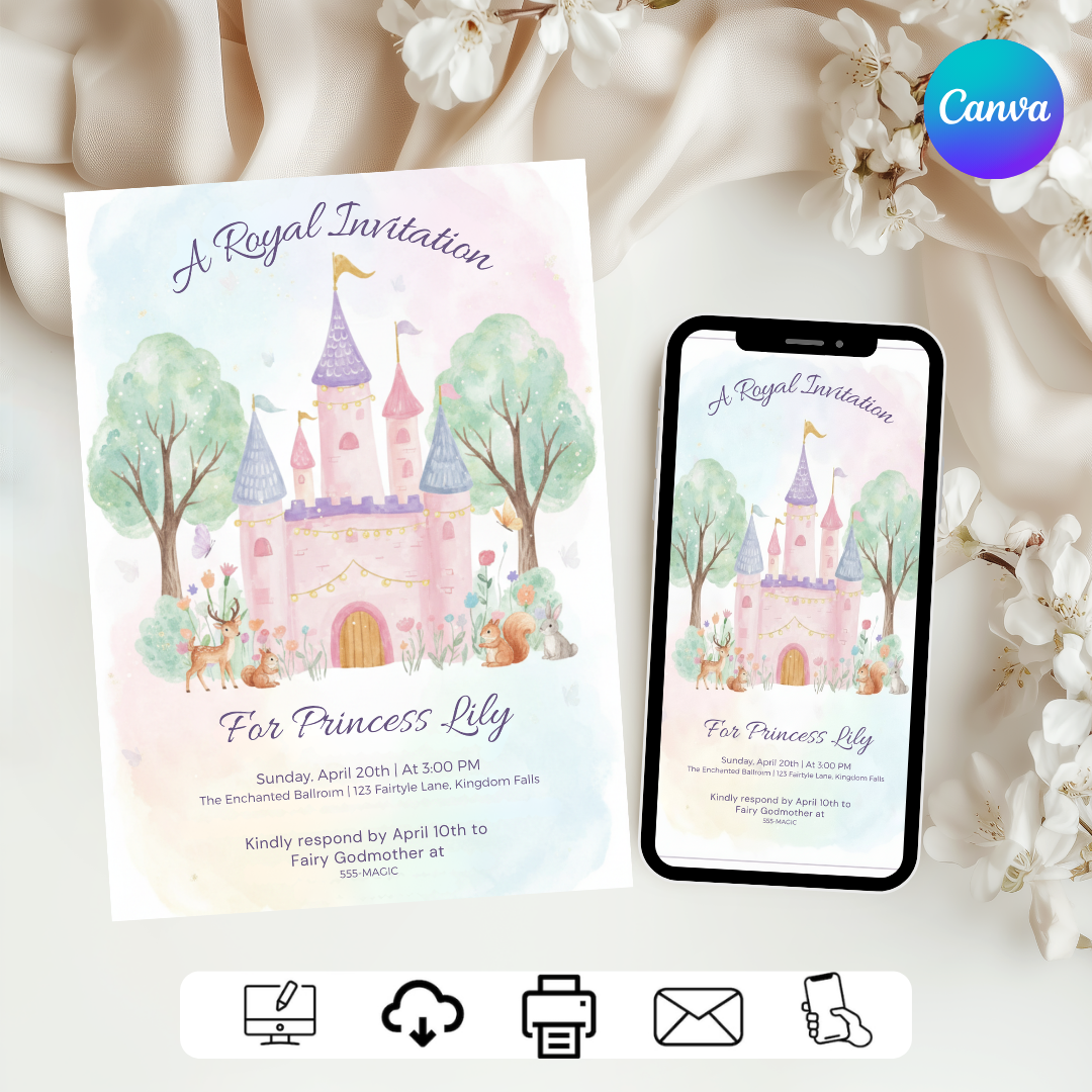 Princess Birthday Invitation Template | Editable Royal Castle Invite for Girl | Fairytale Woodland Party | Printable Digital | Instant Download