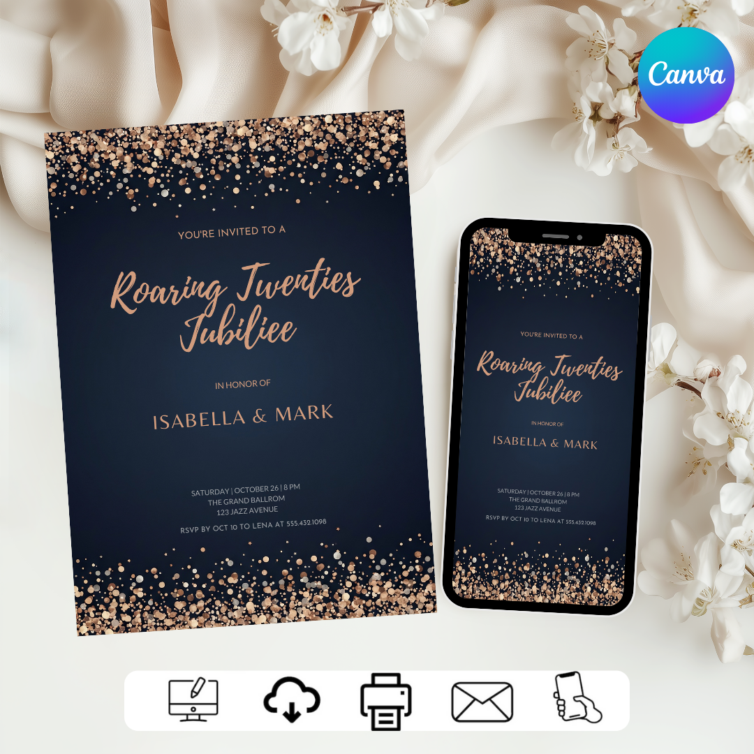 Roaring Twenties Invitation Template | Editable Great Gatsby Party Invite | Art Deco Birthday | Digital Download | Printable 5x7 | Navy Rose Gold