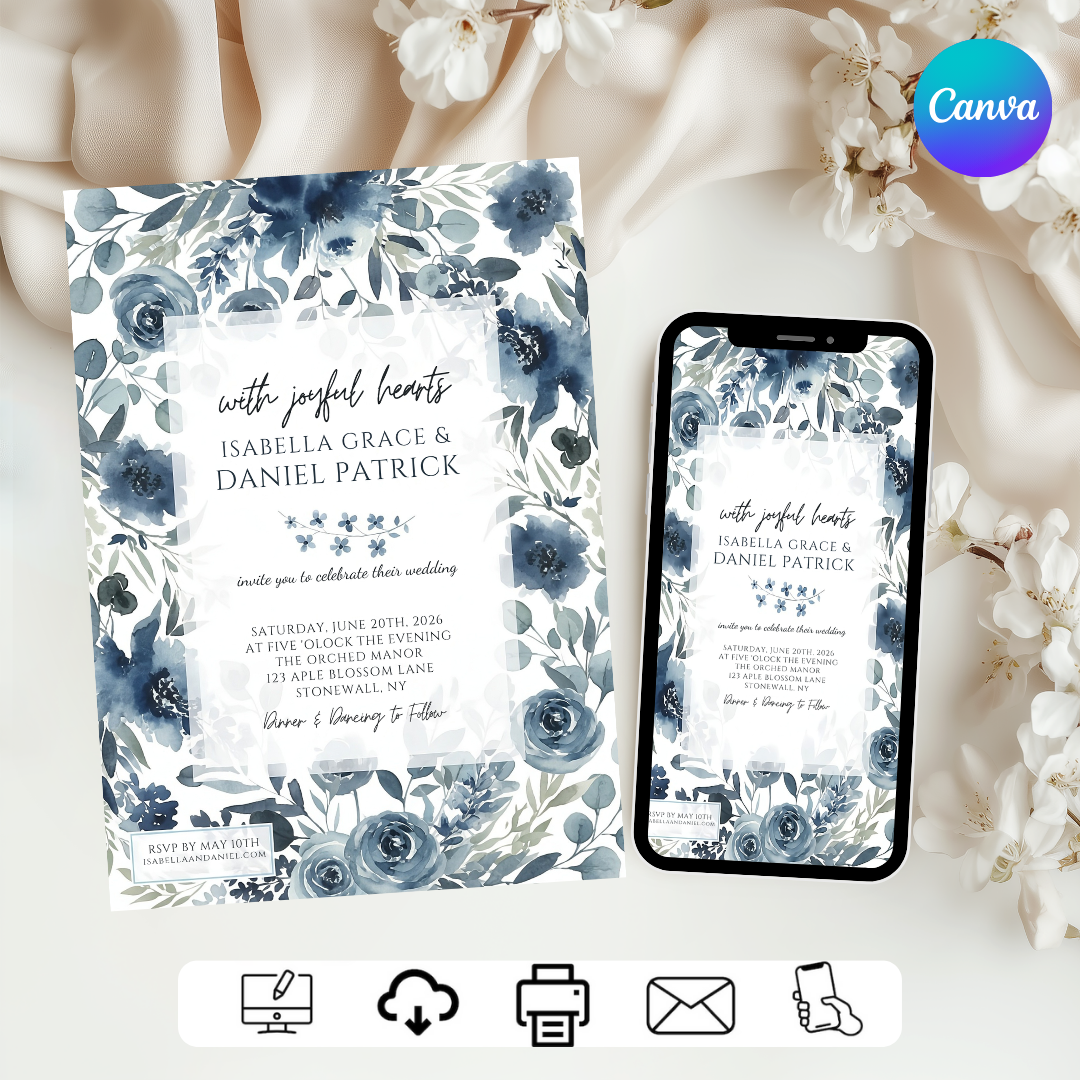 Dusty Blue Wedding Invitation Template | Editable Floral Invite | Navy Watercolor Flowers | Printable Canva Invite | Instant Download | Isabella