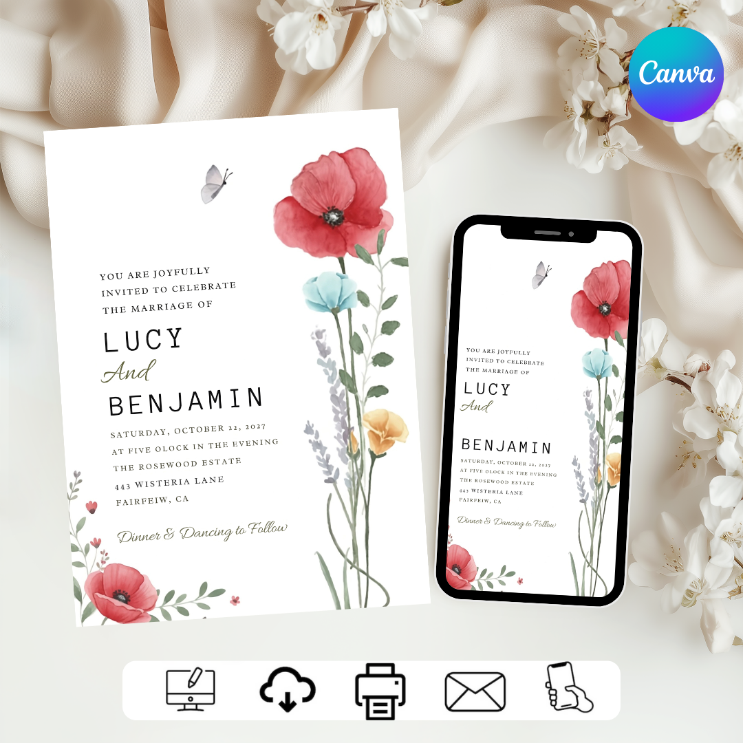 Watercolor Wildflower Wedding Invitation Template | Editable Floral Invite | Rustic Poppy Garden Wedding | Botanical Printable | Instant Download