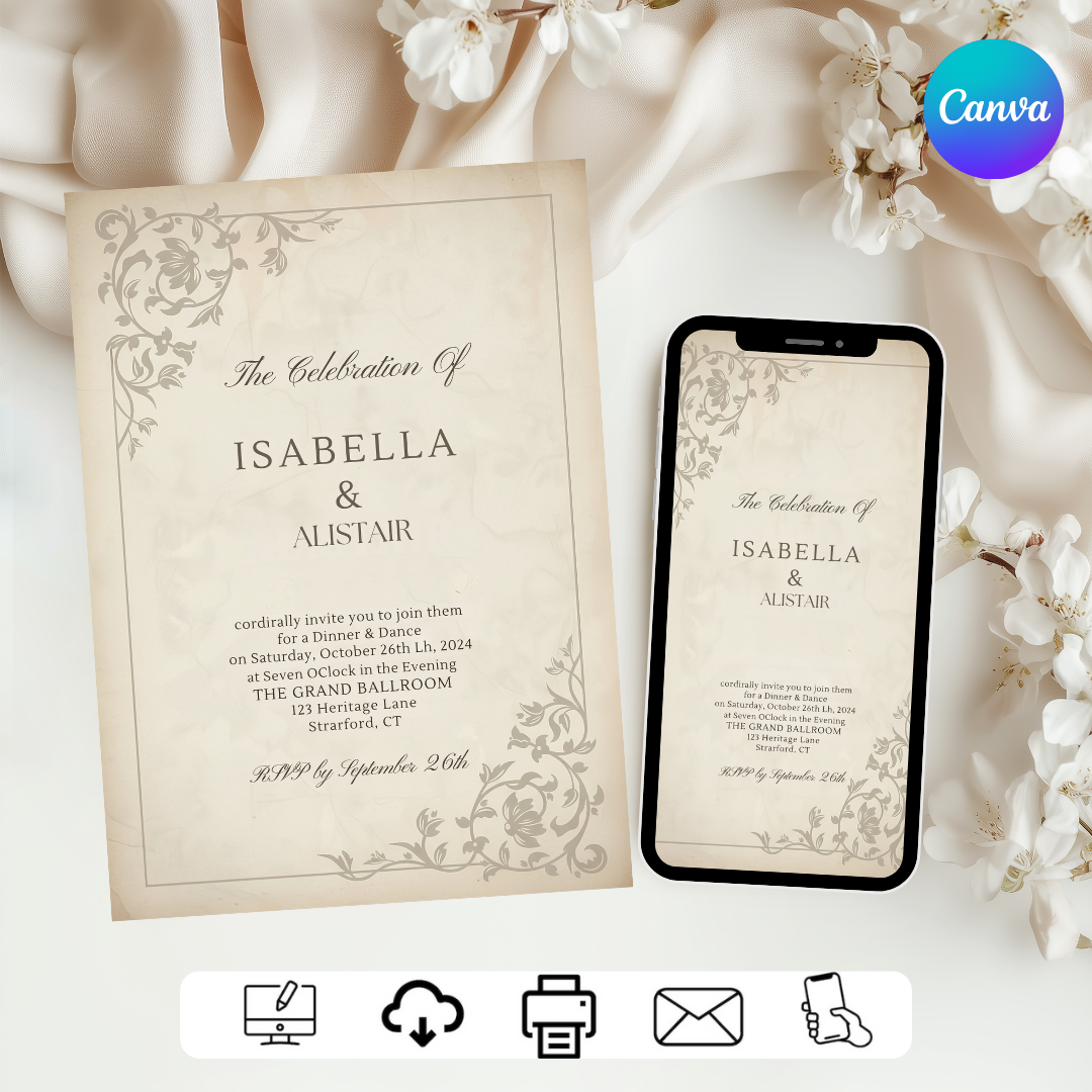 Elegant Wedding Invitation Template | Classic Vintage Invite | Editable Canva Printable | Formal Floral Wedding Suite | Instant Download Digital