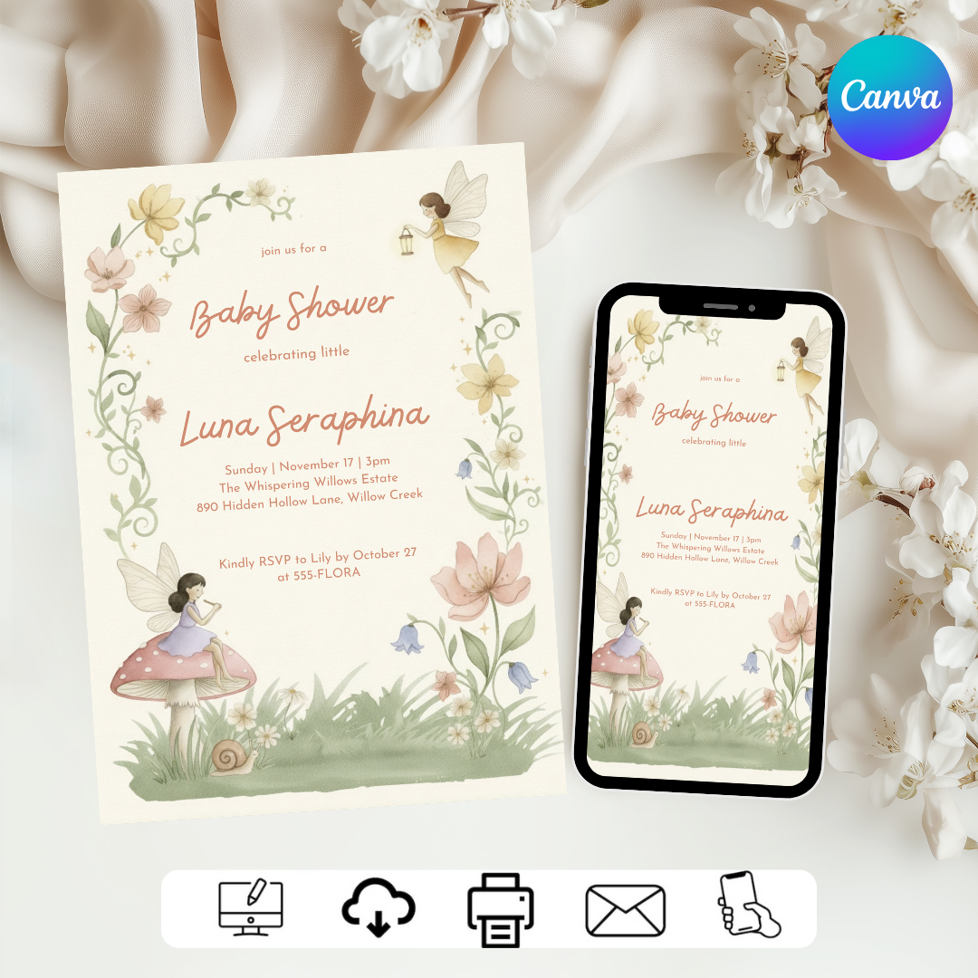 Fairy Baby Shower Invitation Girl | Whimsical Woodland Invite Template | Enchanted Forest | Editable Printable Digital Evite | Instant Download