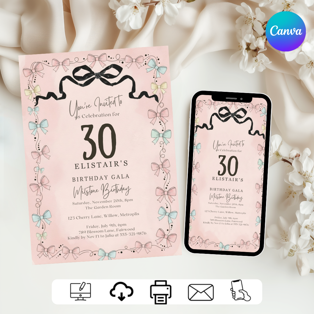 Coquette Bow 30th Birthday Invitation Template | Editable Pink & Black Invite for Her | Whimsical Milestone Birthday Gala | Printable Digital Evite