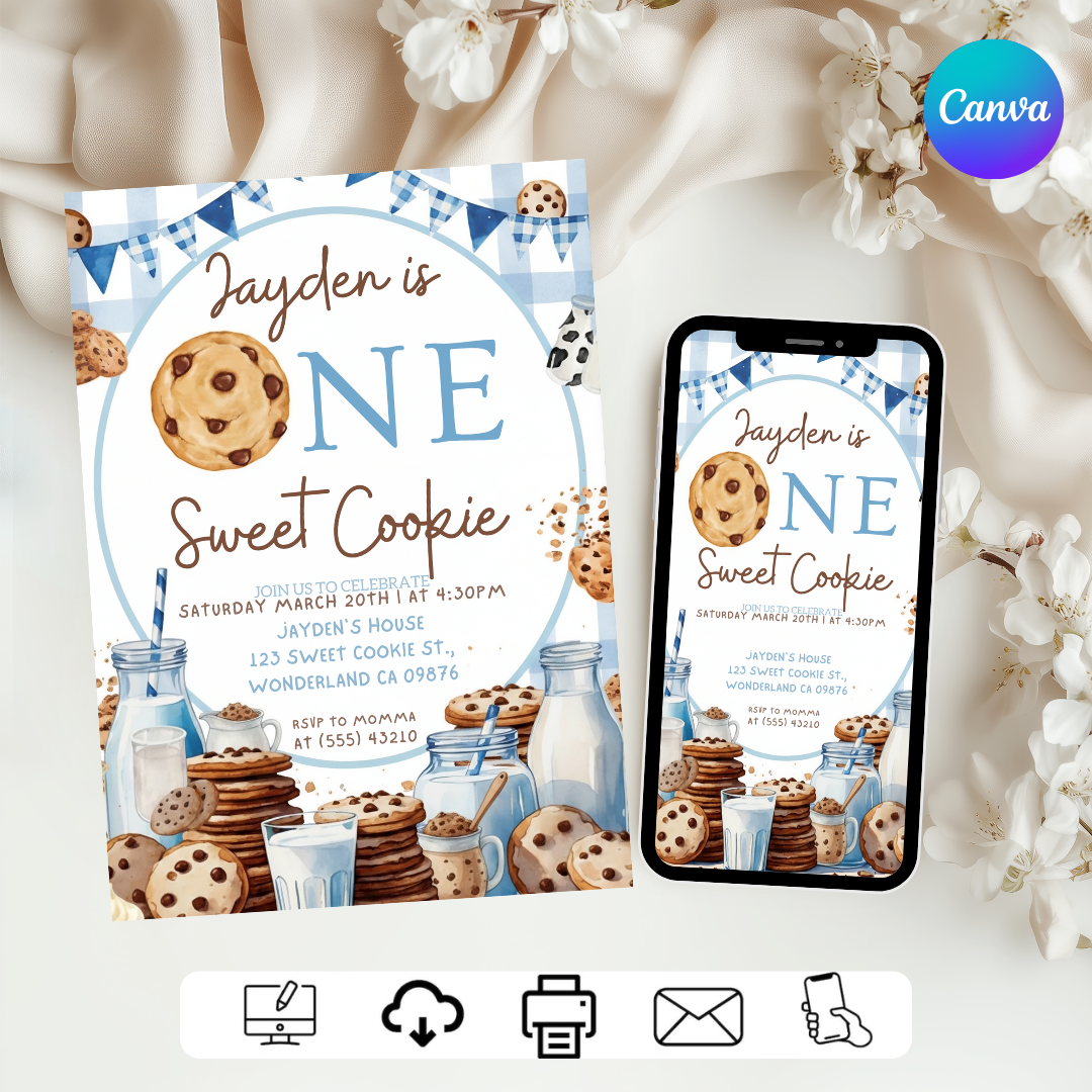 Boy's First Birthday Invitation | One Sweet Cookie Invite | Editable Milk & Cookies Template | Printable Digital Party Evite | Instant Download