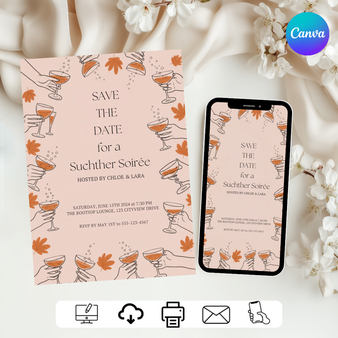 Summer Soirée Invitation Template | Editable Save the Date | Cocktail Party Invite for Her | Bachelorette Party | Digital & Printable Evite