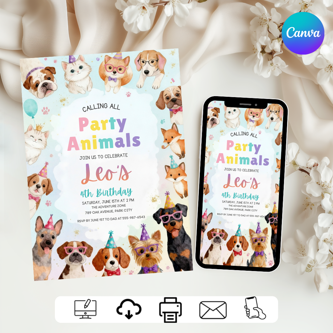 Party Animals Birthday Invitation | Editable Pet Party Invite for Boy or Girl | Puppy Kitten Theme | Printable Digital Template | Instant Download