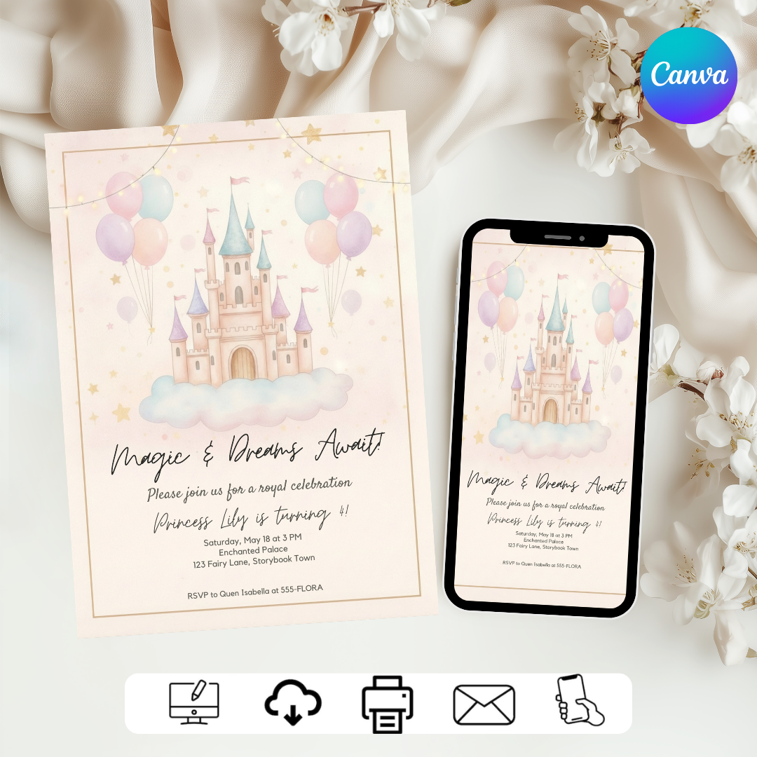 Princess Birthday Invitation | Editable Castle Invite Template | Girl's Royal Celebration | Whimsical Fairy Tale Party | Printable | Digital Evite