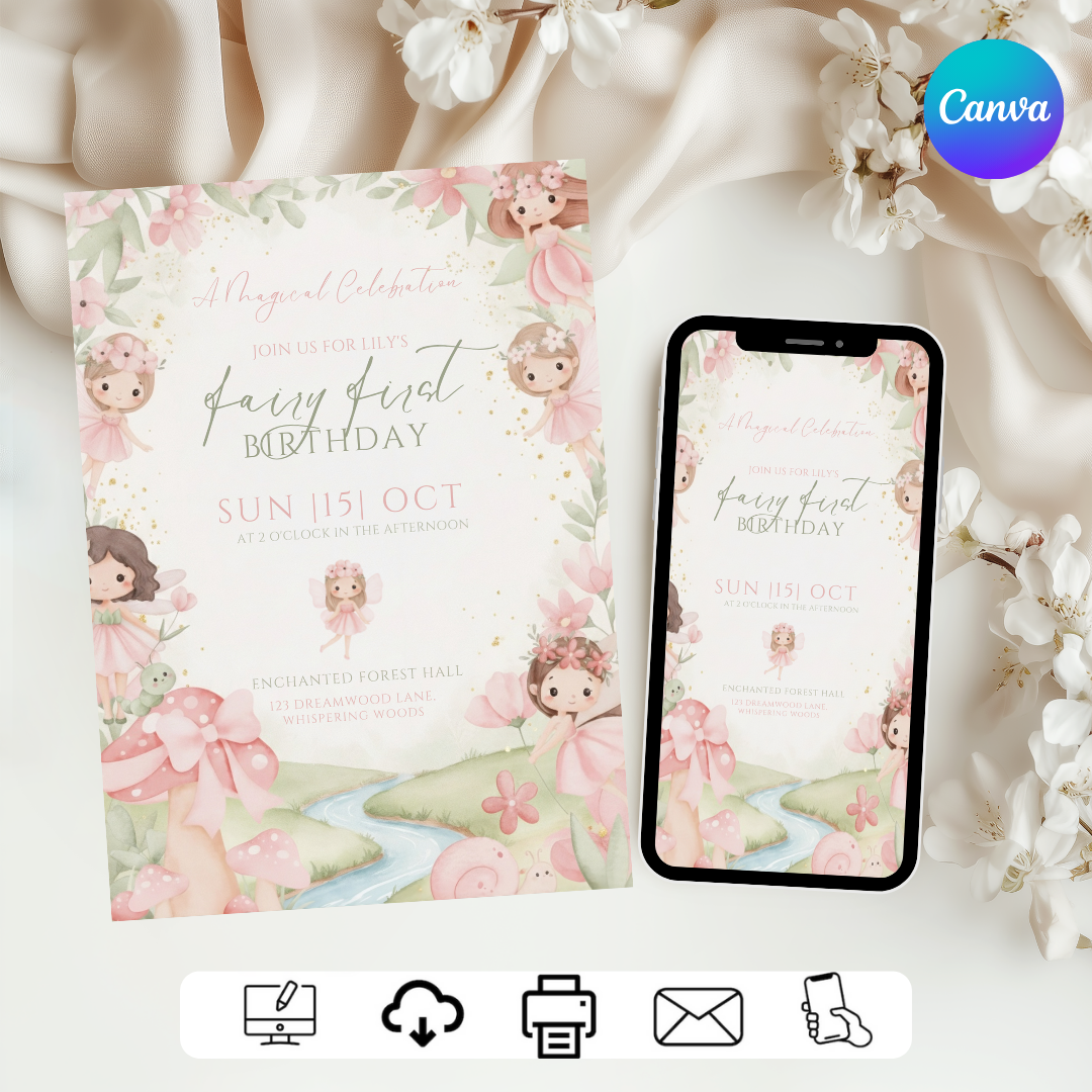 Fairy First Birthday Invitation Girl | Editable Enchanted Forest Invite | Magical 1st Birthday Party Template | Pink and Gold | Digital Evite