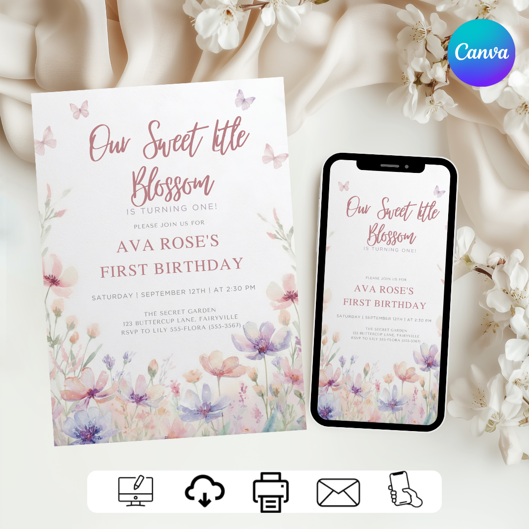 Girl's First Birthday Invitation | Editable Wildflower Garden Party Invite | Our Sweet Blossom Theme | Printable Template | Instant Download