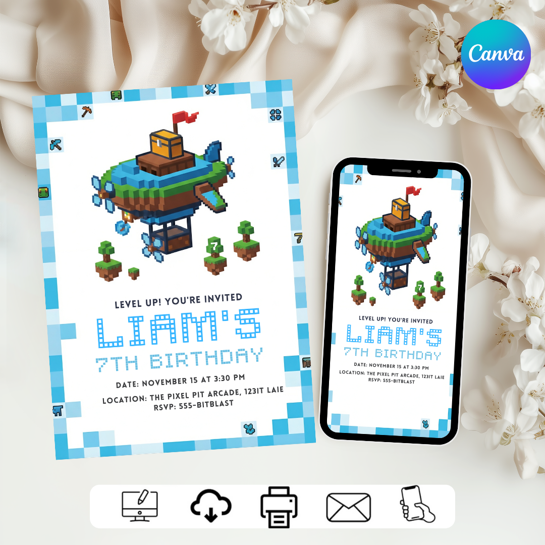 Boy's Video Game Birthday Invitation | Editable Pixel Party Invite Template | Level Up Gamer Birthday | Printable Digital Instant Download