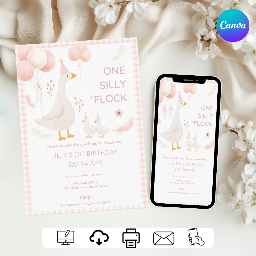 Girl's 1st Birthday Invitation | One Silly Flock Goose Party Invite | Editable Pink Farm Animal Template | Printable Digital Download