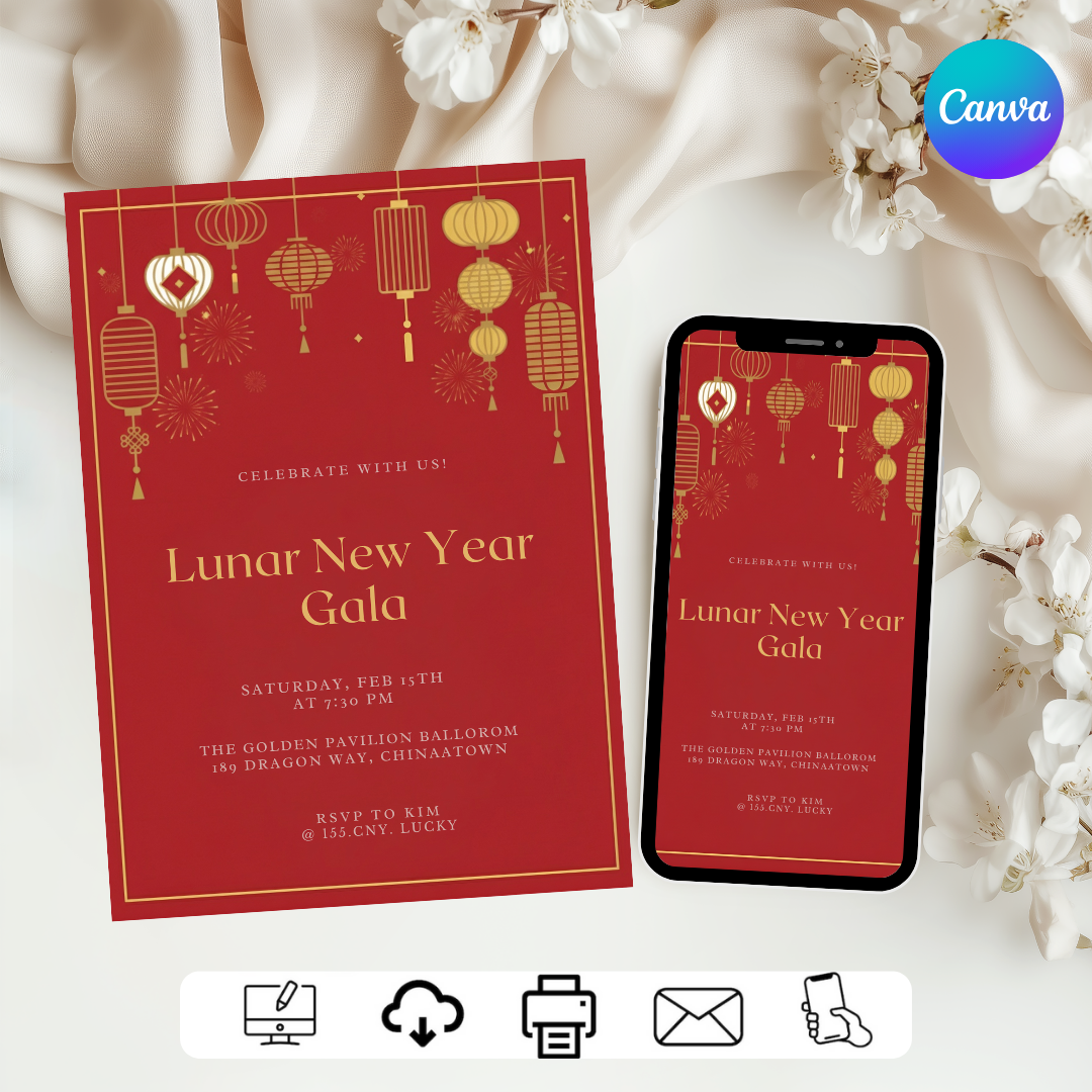 Lunar New Year Gala Invitation | Editable Chinese New Year Party Template | Red and Gold Lanterns Evite | Printable Digital | Instant Download
