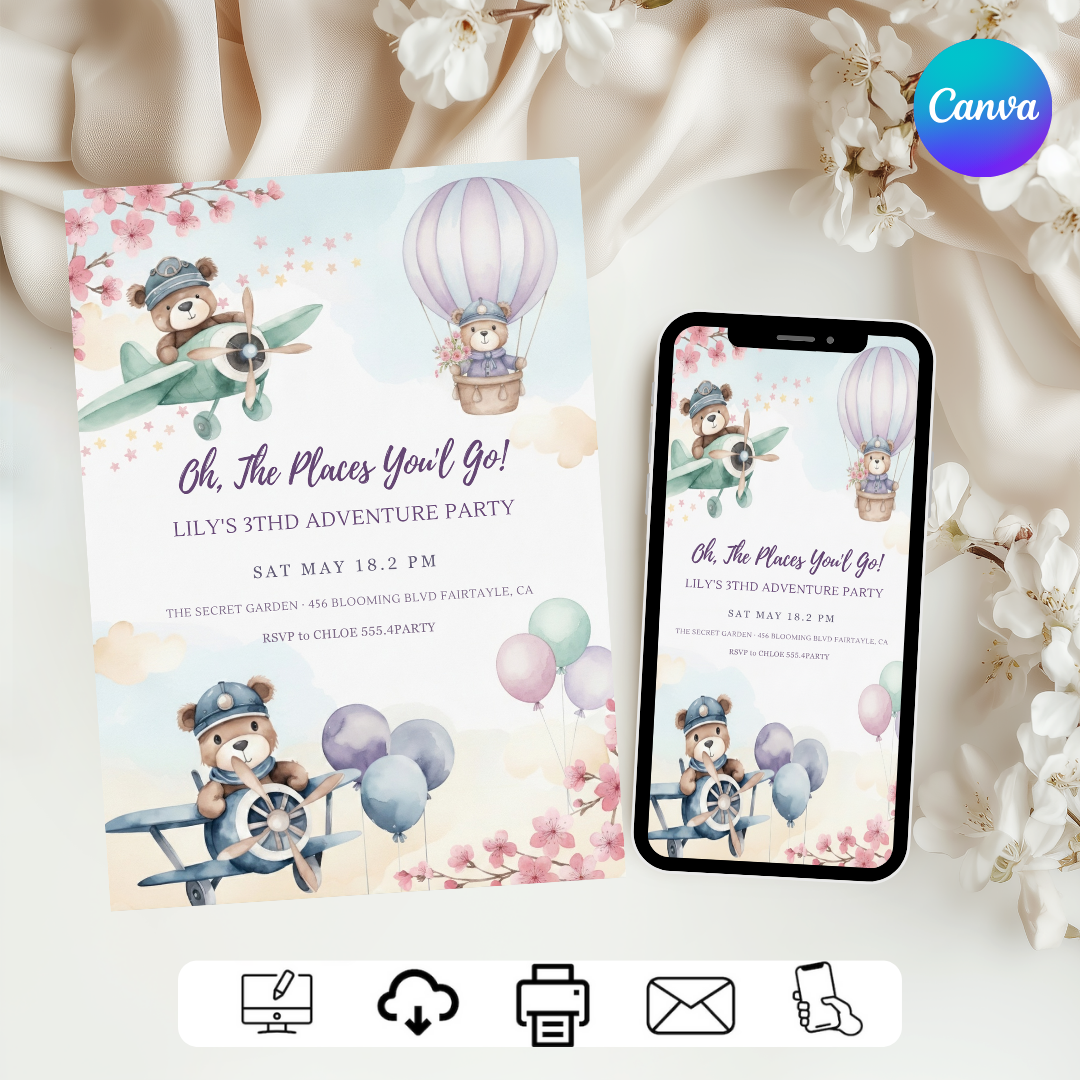 Oh The Places You'll Go Birthday Invitation | Girl's Adventure Party Invite | Editable Teddy Bear Template | Printable 3rd Birthday | Digital