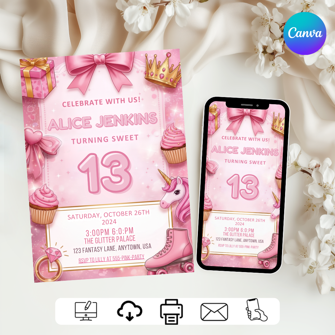 Girl's Sweet 13 Birthday Invitation Template | Editable Pink Glam Party Invite | Unicorn Roller Skate Theme | Printable Digital Teen Evite