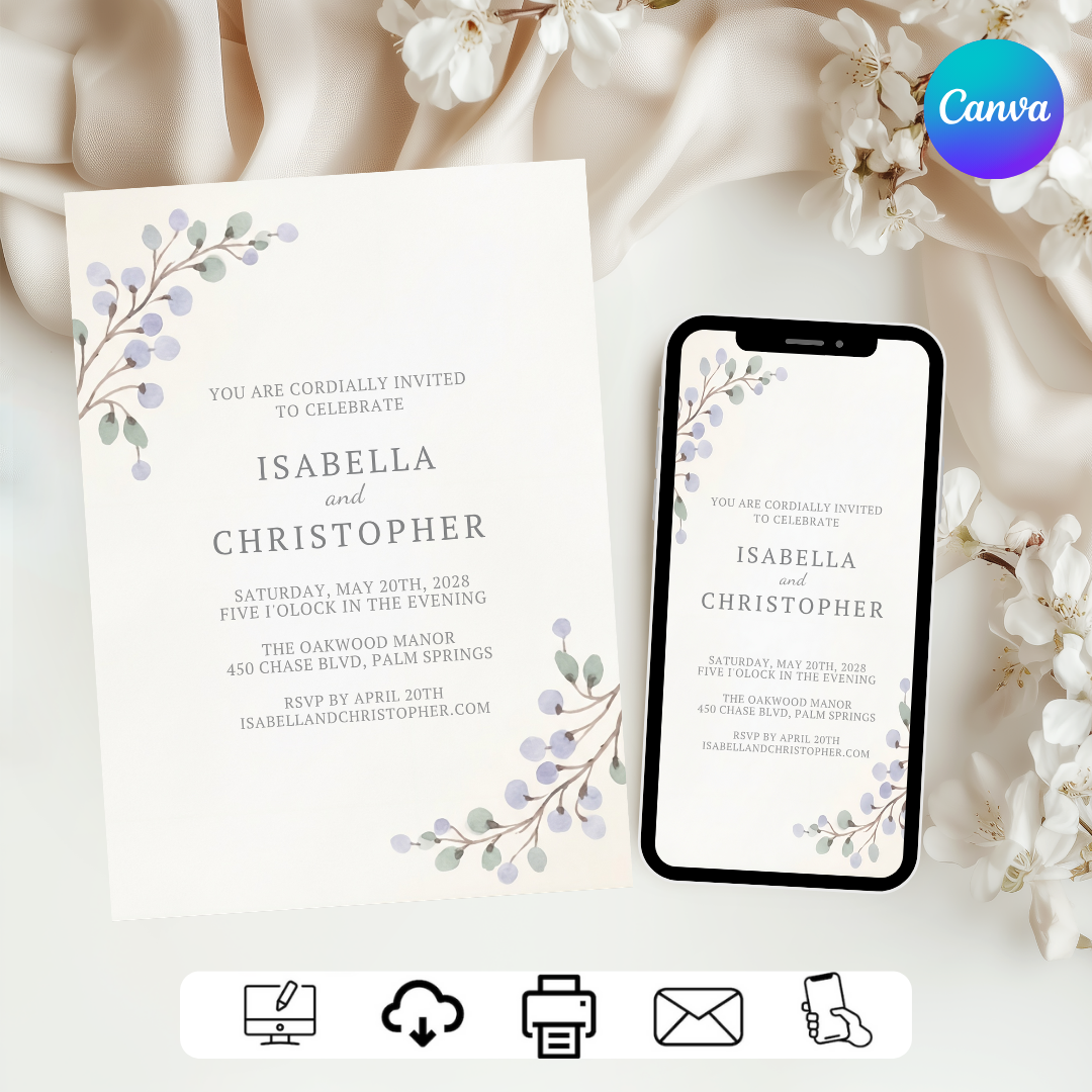 Watercolor Wedding Invitation | Editable Eucalyptus & Lavender Template | Printable Botanical Invite | Modern Rustic Wedding | Instant Download