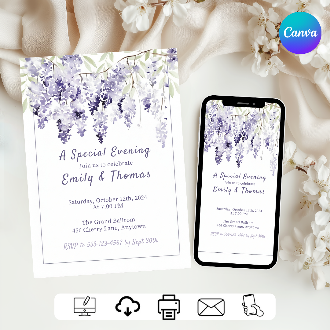 Wisteria Wedding Invitation Template | Editable Purple Floral Invite | Printable Garden Bridal Shower | Digital Download | Elegant Watercolor Evite